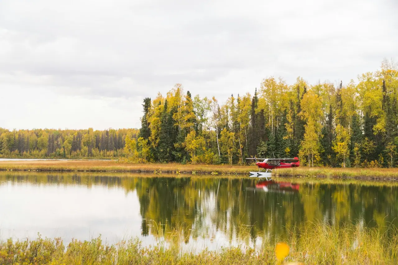 Red and white float plane on a calm lake lined with autumn trees