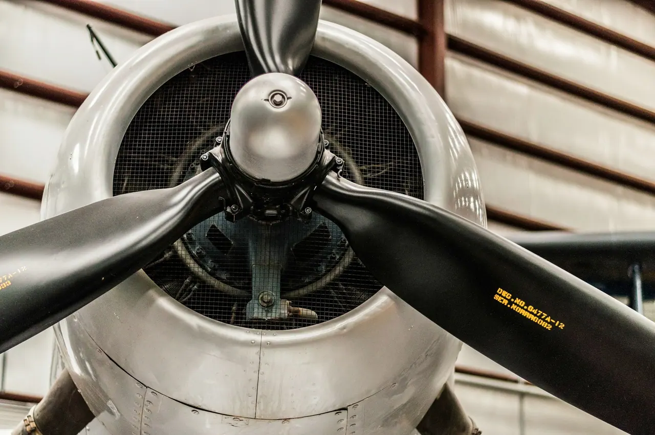 Black propeller blades and polished spinner in front of a radial engine